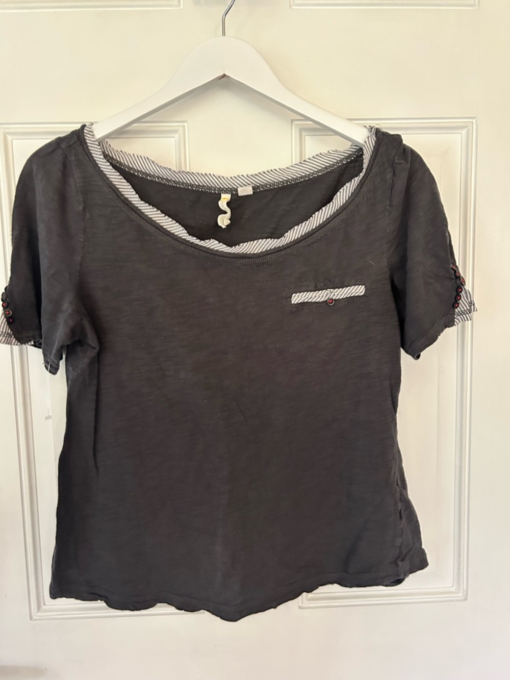 Women’s Charcoal Short Sleeve Tee with Striped Trim